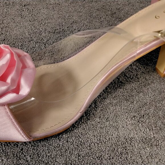 Allegra K Womens shoes Pink Satin Rose Heels Size 9 Clear Strap Pointed Toe Pump - Picture 7 of 13